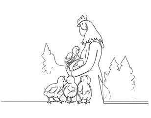 Obraz premium Hen tending chicks in a continuous line drawing