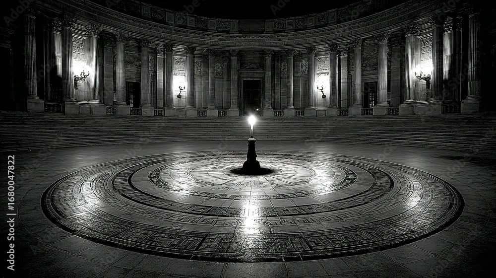 Poster circular interior space with columns and a central light source in black and white.