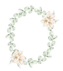Watercolor oval eucalyptus wreath with white azalea flowers, perfect for invitations and elegant templates