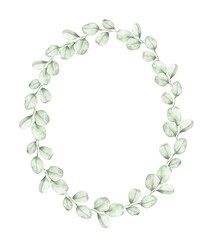 Watercolor eucalyptus oval wreath with soft green leaves, minimalist hand painted frame for stationery and cards