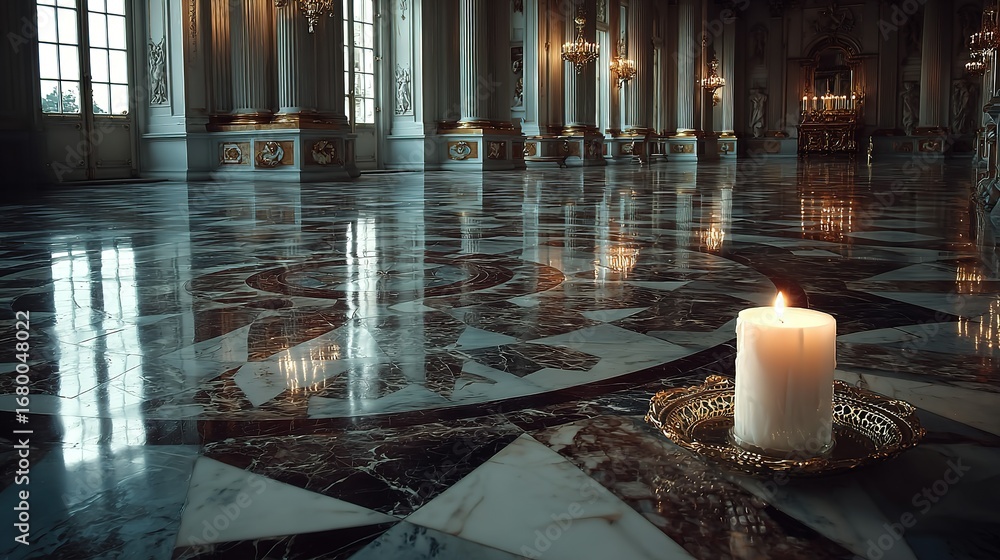 Poster candlelight illuminates a large empty hall with marble floor and tall columns.