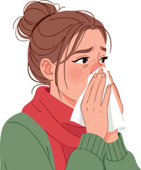 Woman Blowing Nose with Tissue.