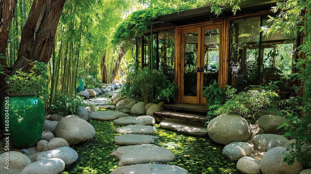 Poster garden with stone path plants and a gazebo-like structure surrounded by trees.
