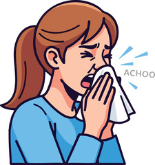 Woman Sneezing into Tissue Cartoon Illustration.