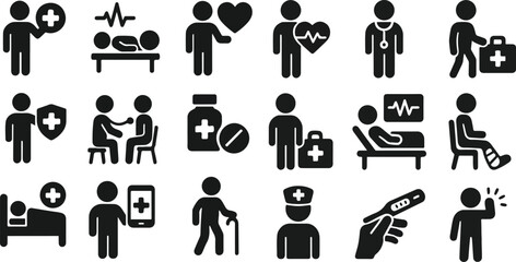 Medical healthcare icons showing doctor, patient, and diagnosis for health and wellness concepts