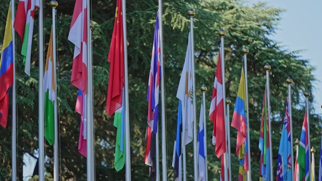 Close-Up of International Flags at the United Nations &ndash; Geneva, July 20, 2025