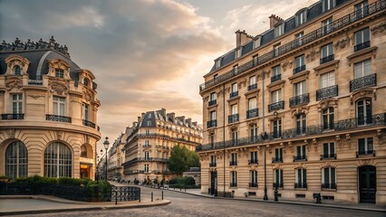 Fototapeta premium Buildings in paris with ornate architecture at golden hour light