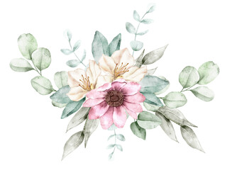 Hand painted watercolor floral bouquet with pink and white flowers and greenery, perfect for cards, posters and wedding projects