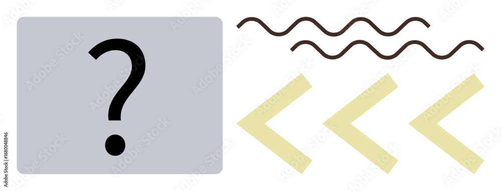 Poster central question mark with wavy lines and arrows pointing right, representing doubt, thought process