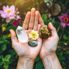 Hands holding crystals and flowers in nature for spiritual healing and wellness.