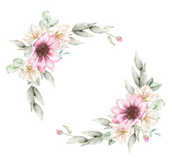 Watercolor floral border with cream blossoms, white azaleas, pink roses and cascading eucalyptus leaves, ready to use for wedding stationery