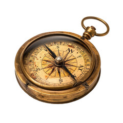 Antique brass compass.  Vintage compass, circular, showing north, south, east, west.  Detailed, aged surface.  Metal casing, glass face.  Old-fashioned, classic design