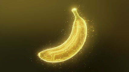 Glowing neon banana wireframe hologram representing advanced technology for innovative video generation and editing software of Nano Banana from Google
