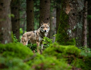 Wolf in a mossy forest