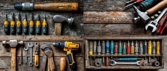 Assorted tools laid out on a weathered wooden workbench.  Various screwdrivers, hammers, wrenches, a drill, and a tool tray are displayed