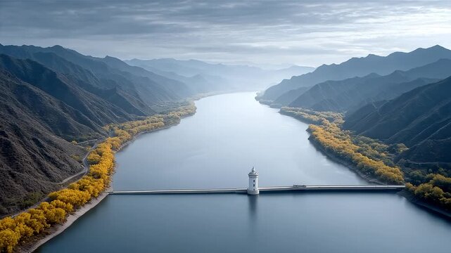 Picturesque Scenery of Tranquil Reservoir Dam