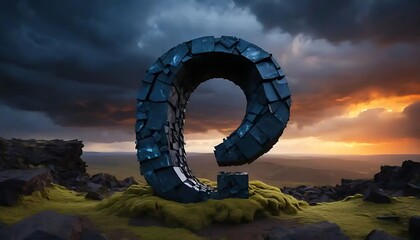 Stone Structure on Mossy Hill with Dramatic Cloudy Sunset Landscape