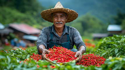 Happy farmer displays his chili harvest