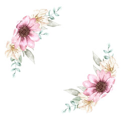 Hand painted floral half wreath with pink and white flowers, elegant watercolor illustration for cards, logos and wedding design