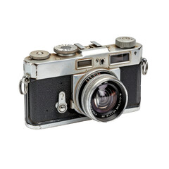 Vintage 35mm camera, showing wear.  Chrome body, black plastic, lens