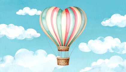 Watercolor heart-shaped hot air balloon flying among clouds on a blue sky
