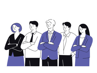 Five serious professionals stand with crossed arms, displaying confidence against a transparent background