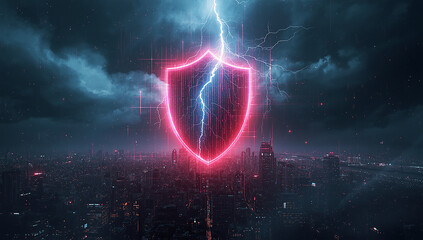 Luminous shield symbolizing powerful cyber defense against a digital storm and lightning over a futuristic metropolis