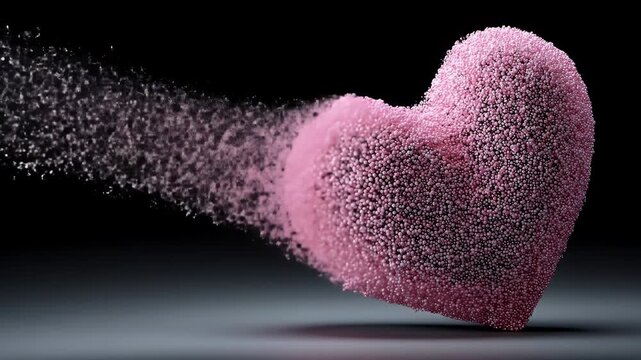 A pink heart shape, composed of many small spheres, is dissolving into a cloud of particles against a dark background