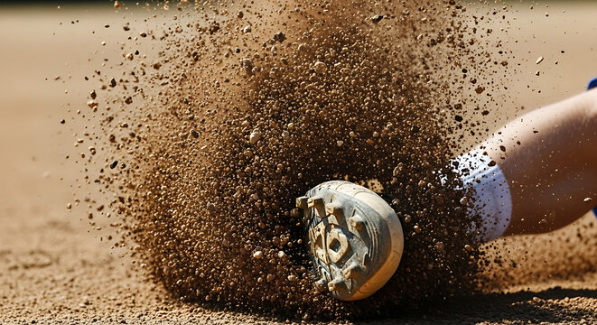 Close up of a baseball player sliding into base kicking up dirt and dust in a dramatic action shot - Powered by Adobe