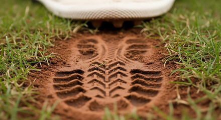 Close up on a baseball player's shoe leaving a footprint in the dirt during a game on a baseball field with grass