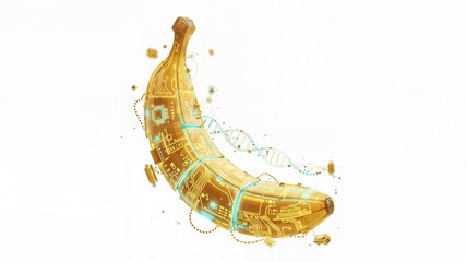 Digital AI generated banana with glowing technological effects and particle dispersion showcasing artificial intelligence creative capabilities in modern art