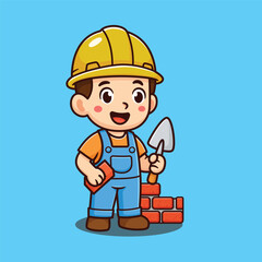 cute cartoon worker construction with brick