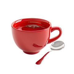 Red ceramic mug filled with a reddish-brown liquid, a frothy top, and a matching spoon