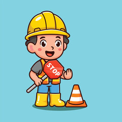 cartoon street worker with stop flag and yellow helmet