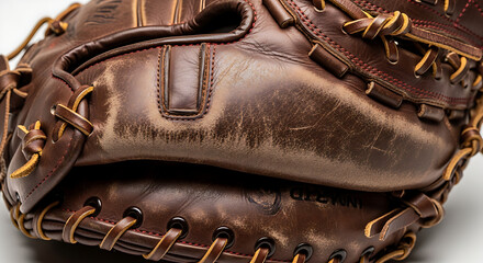 Close up of weathered brown leather baseball catcher's mitt with red stitching and aged patina showing signs of heavy use and character