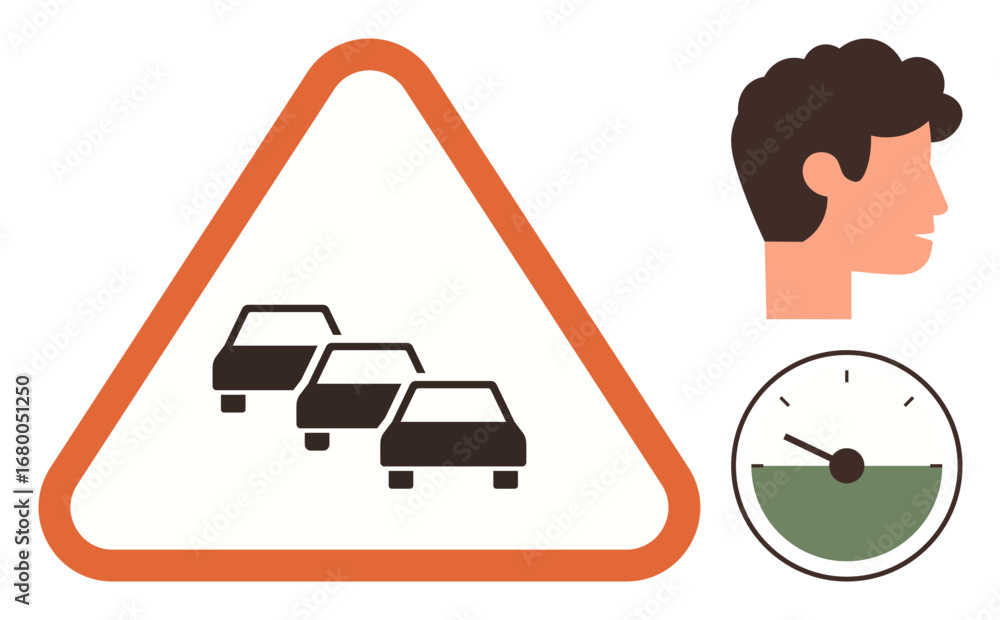 Poster triangular traffic sign indicating congestion, profile of a driver, and a speedometer. ideal for roa