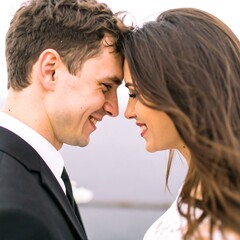 Happy Couple Touching Foreheads in Romantic Embrace.