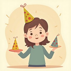 Joyful Girl with Party Hats: A Cheerful Cartoon Illustration