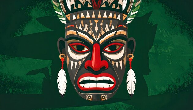 Tribal mask, bold colors, green background