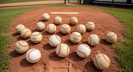 A Collection of Baseball Balls Scattered on a Baseball Field Diamond Ready for a Game