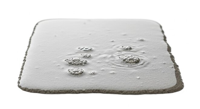 Wet cement mortar spread in a square shape with air bubbles, isolated on white background