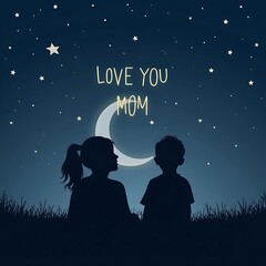 Silhouetted Children Under a Crescent Moon: A Nighttime Mother's Day Illustration