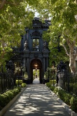 Obraz premium Sun-dappled path leads to ornate dark stone mansion entrance