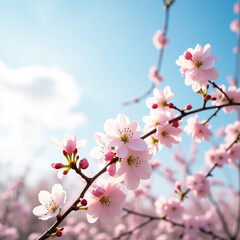 Pink cherry blossom branches bloom gracefully against a spring sky, showcasing the natural beauty of the season