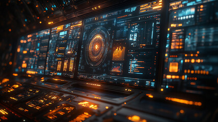 Futuristic Digital Interface with Glowing Orange and Blue Data Streams