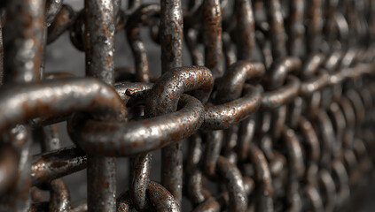 Selective focus on a weathered, rusty circular metal link in a series of heavy industrial chains