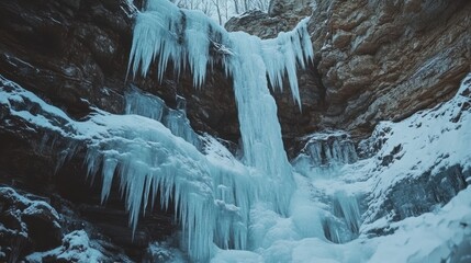 Frozen waterfall cascading down rocky gorge