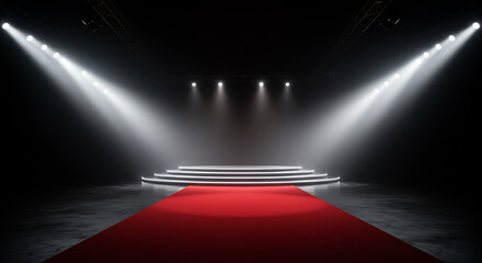 Empty, luxurious stage with a vibrant red carpet leading to a spotlighted platform, awaiting an exclusive event, prestigious award ceremony, or captivating performance