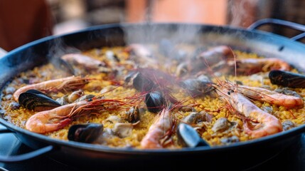 Golden paella with saffron and seafood, steaming against a sunset backdrop, celebrating Spain's rich culinary heritage.