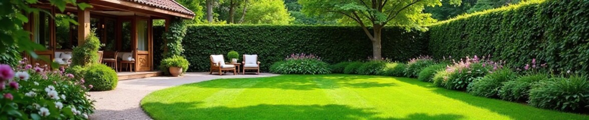 Serene backyard oasis featuring lush green lawn, flowering plants, and a charming patio area, perfect for relaxation and outdoor entertaining , idyllic, landscaping, outdoor space